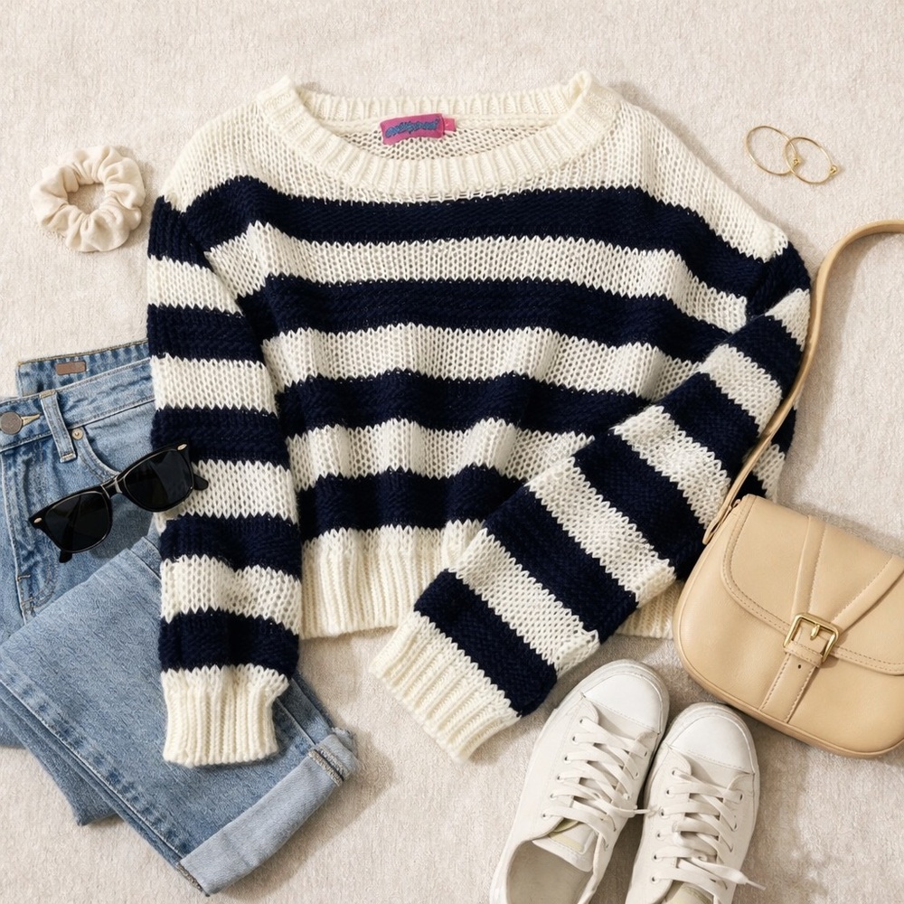 Edikted Navy and Cream Striped Sweater - Size S